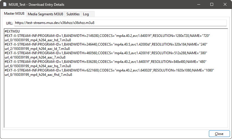 Download file details window in M3U8 Downloader showing master M3U8 file contents