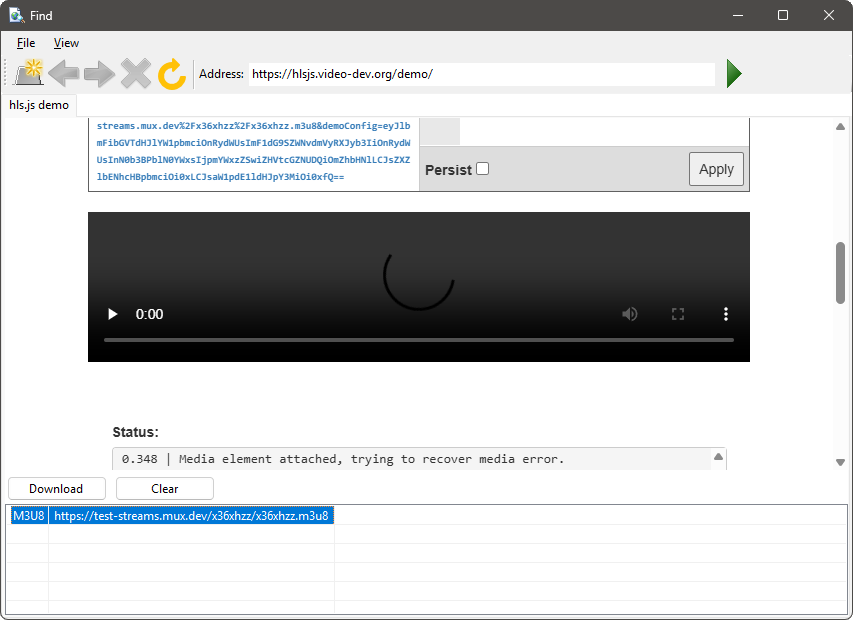 The Find M3U8 URLs web browser