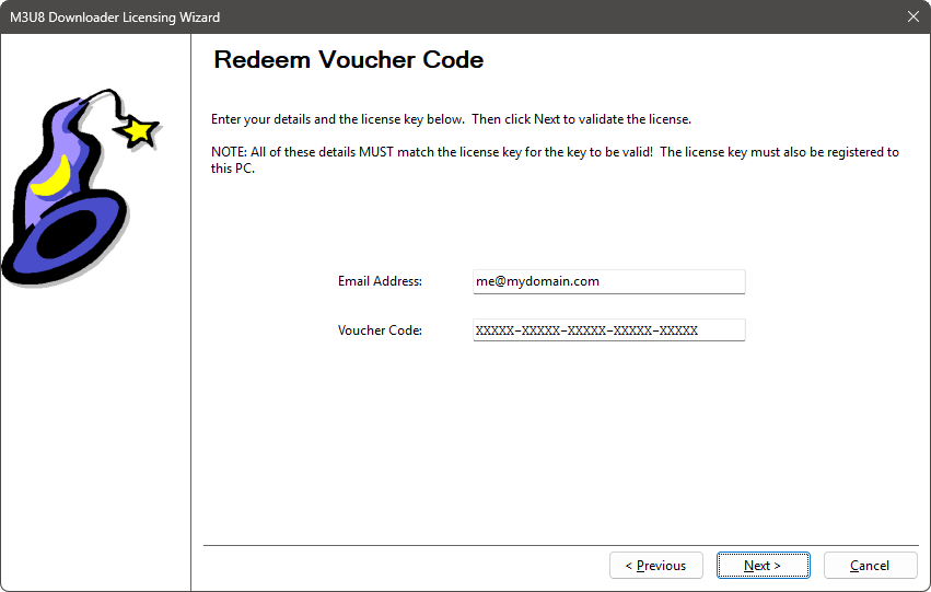 Licensing Wizard - Redeem Voucher Code Page